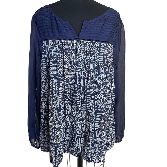 LUCKY Brand Flowy Pullover Shirt Sheer Navy Blue Sleeves And Bodice Size L - Picture 1 of 16